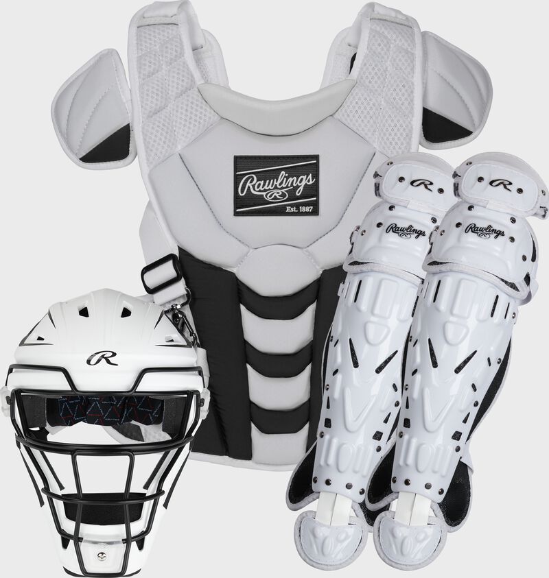 A white/black Velo fastpitch catcher's gear set with a helmet, chest protector and leg guards - SKU: CSSBL-W/B