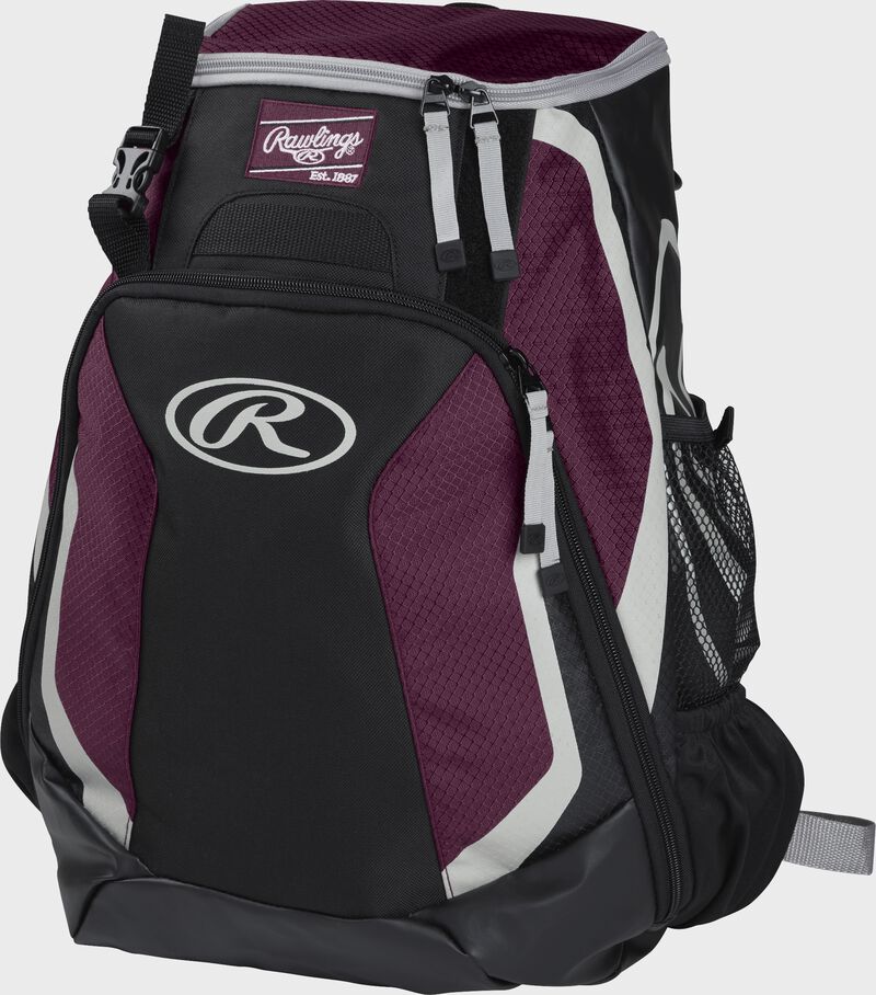 Left side of a black/maroon R500 Players team backpack with white trim