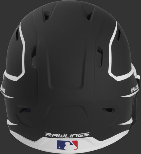 Back of a MACHEXTR high performance junior MACH helmet with a matte black/white shell and Official Batting Helmet of MLB logo