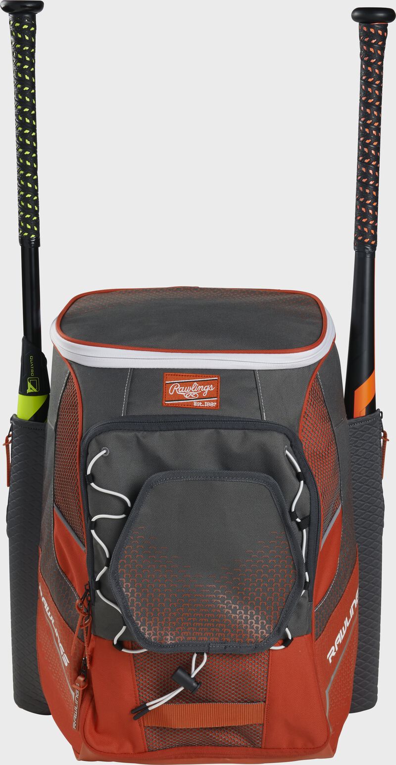 Front of an orange Rawlings Impulse bag with an orange Rawlings patch and two bats in the sides - SKU: IMPLSE-BO