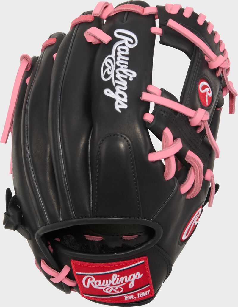 Black back of a Rawlings R9 ContoUR 11.25-Inch Infield Glove with a red Rawlings patch loading=