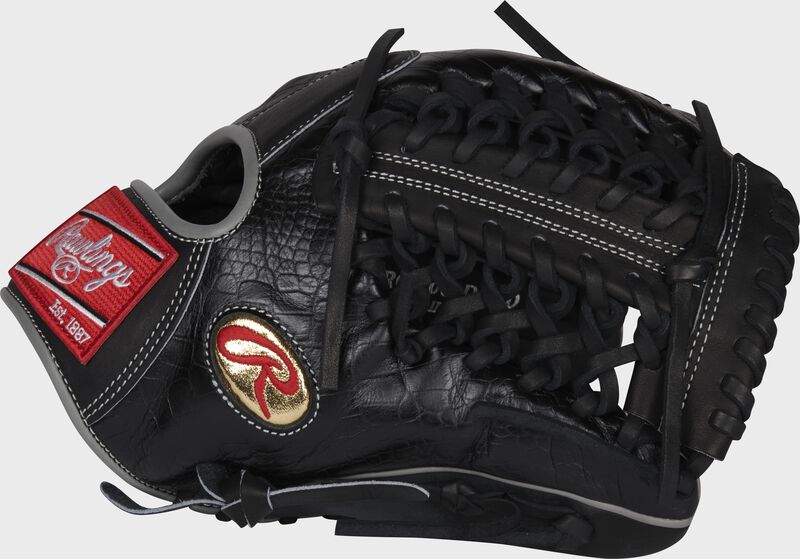 Thumb of a black Gameday 57 Series Dallas Keuchel Heart of the Hide glove with a gold Oval-R on the thumb - SKU: RSGPRO206-DK60
