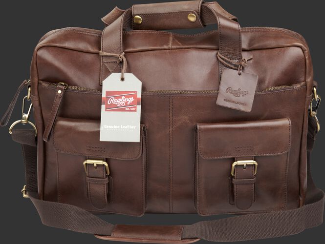 A brown Rawlings rugged briefcase with 2 side compartments and a brown shoulder strap - SKU: RS10024-200