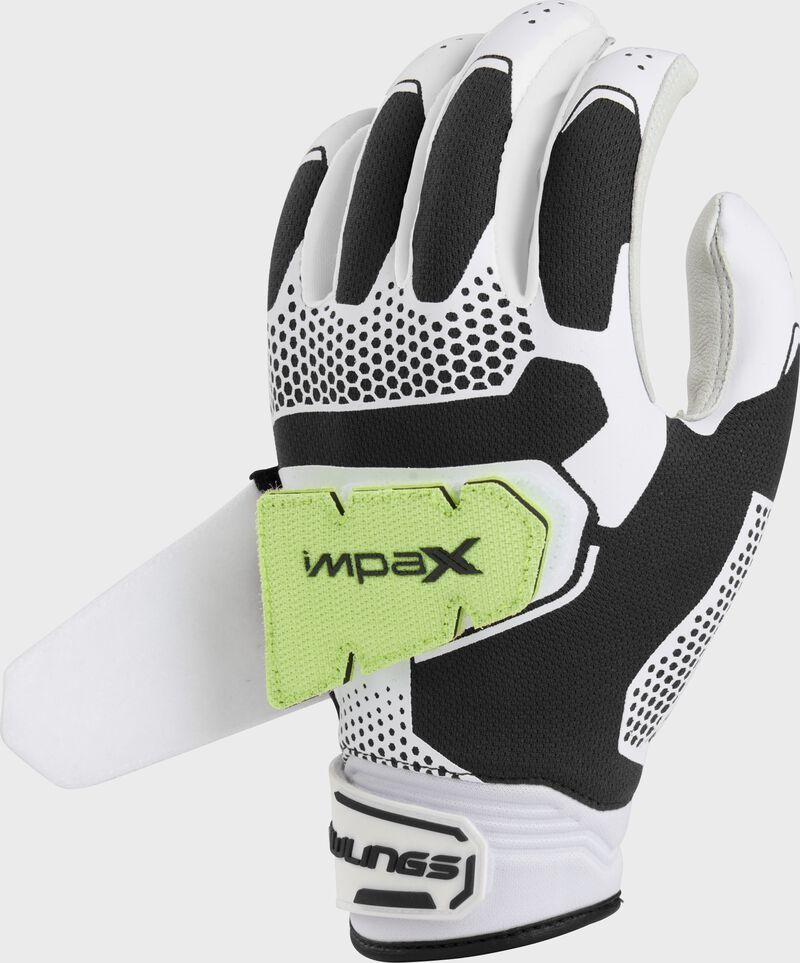 Impax pad on the back of a black workhorse pro fastpitch batting glove - SKU: FP2PBG-B