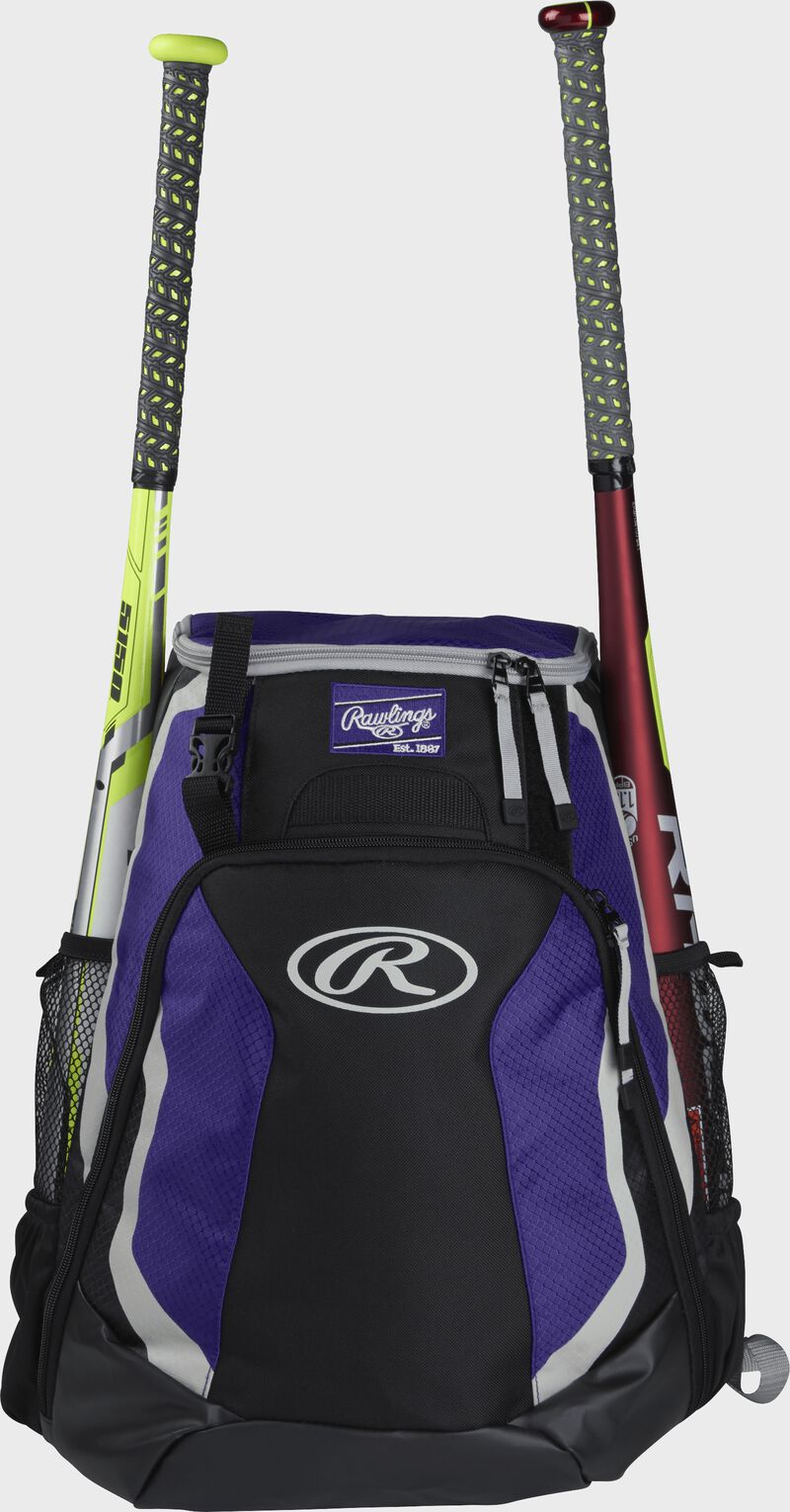 A black/purple R500 Rawlings equipment backpack with a bat on each side