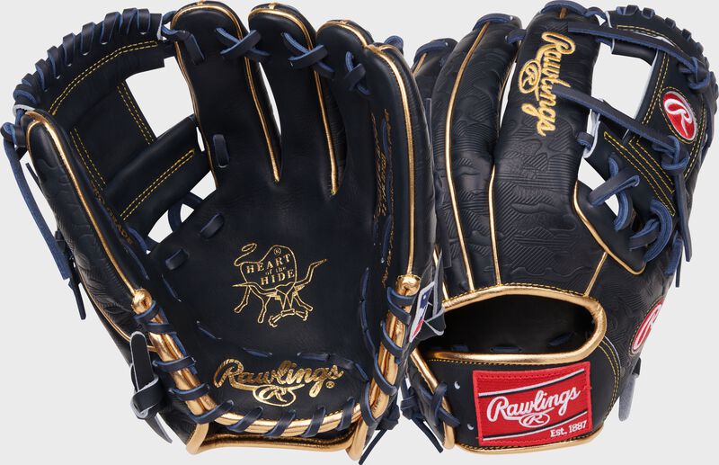 Two images showing the palm & back of a navy Anthony Volpe Heart of the Hide Infield Glove