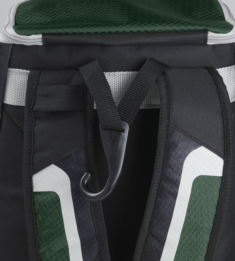 Exterior handle on the back of a black/dark green R500 backpack with a hook for hanging it up