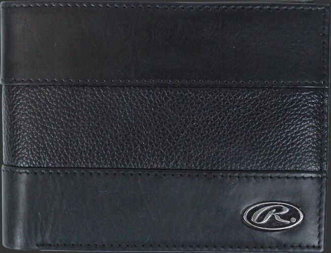 A black RW80004-001 Bases Loaded bi-fold wallet folded close with a silver Oval R logo in the bottom right