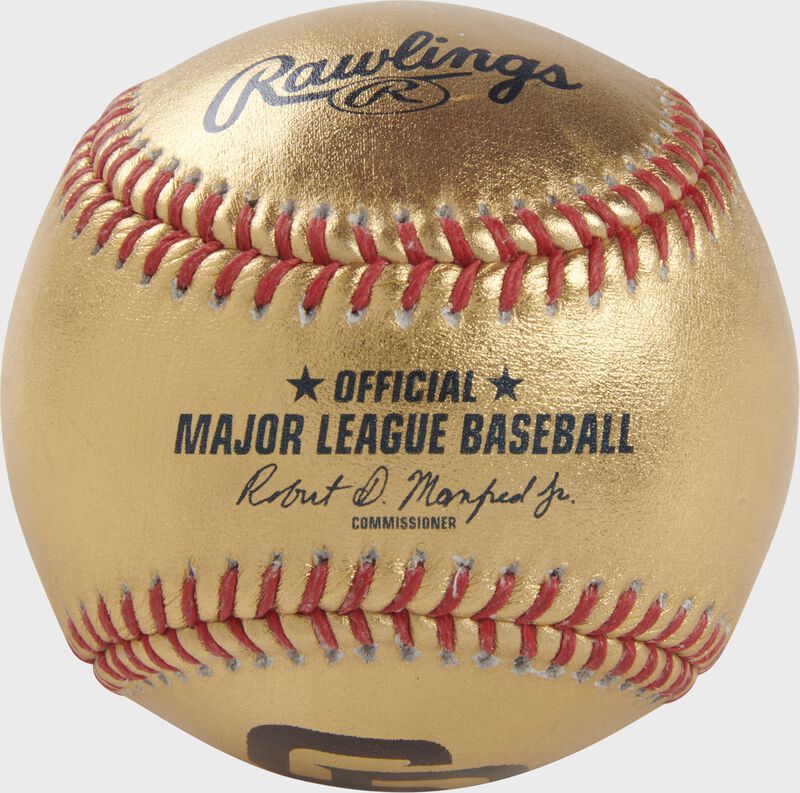 A San Diego Padres Rawlings Gold MLB team baseball with the official ball MLB stamp - SKU: RSGEA-GOLDSD-R