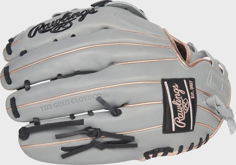 Back of a gray Liberty Advanced Color Series 12.75-Inch outfield glove with a black/rose gold Rawlings patch - SKU: RLA1275SB-6GRG