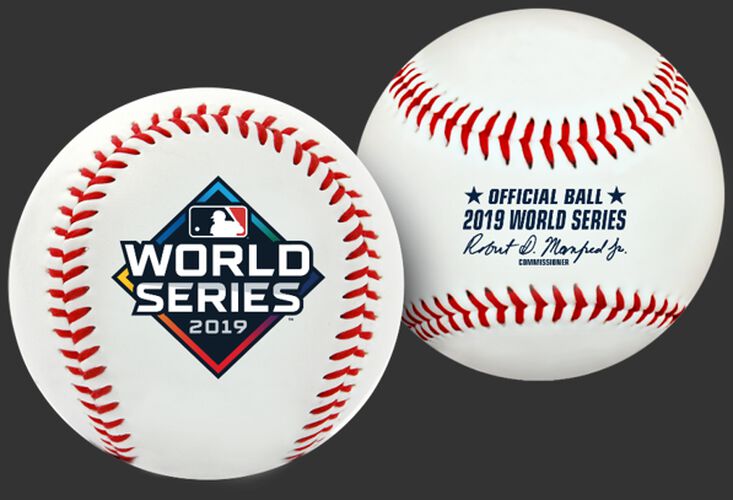 Two views of a 2019 World Series replica ball with the World Series logo printed on one and the Official ball on the other