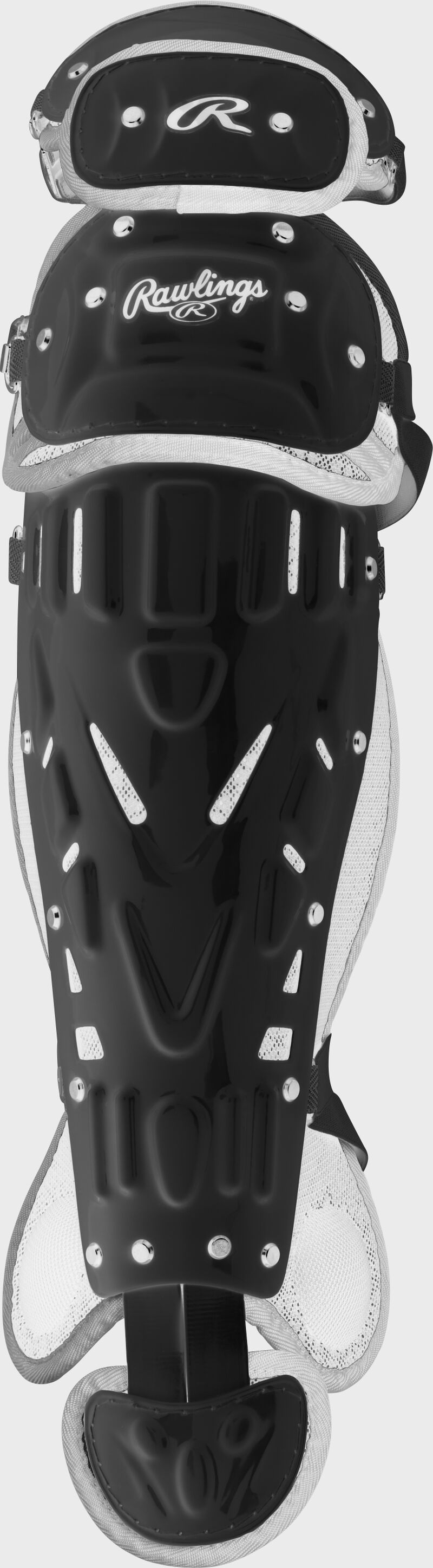 Front of a black/white Velo leg guard