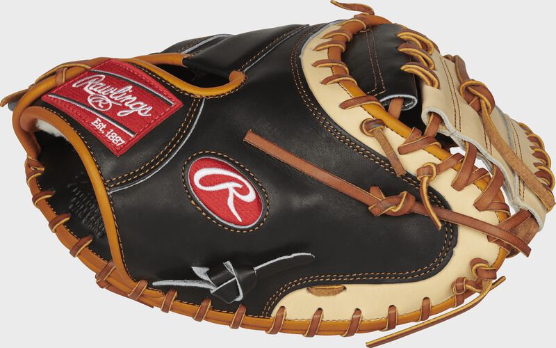 Thumb view of a PROSCM33BCT 33-inch Rawlings Pro Preferred catcher's mitt with a camel one-piece solid web