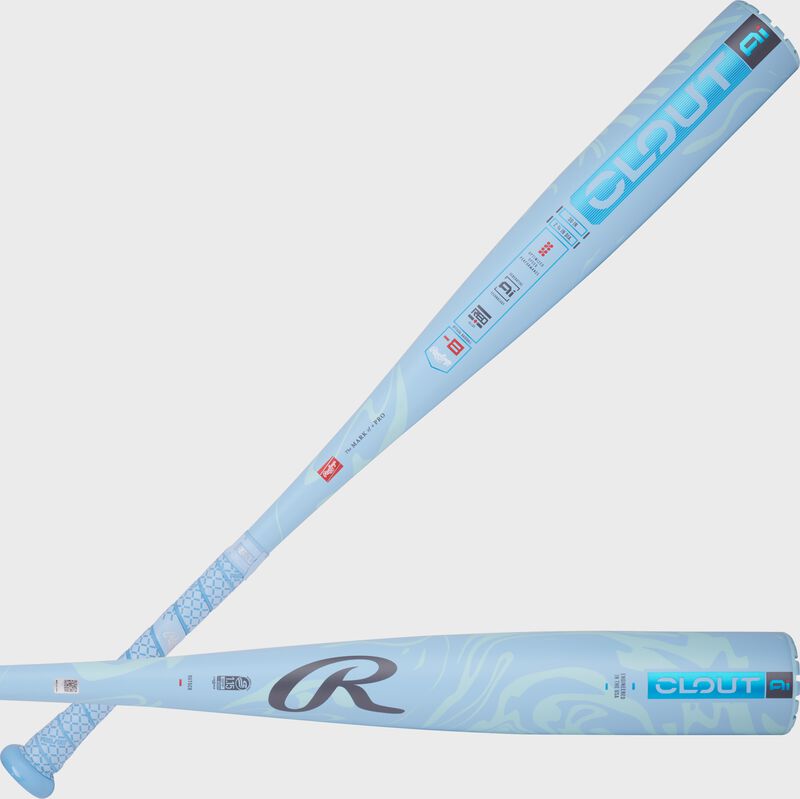 Two images of a blue Clout -8 USSSA bat showing both sides of the barrel