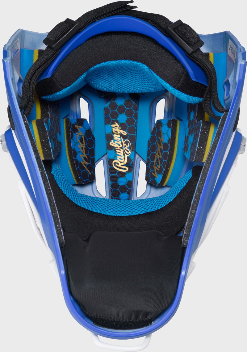 Inside padding of a royal Rawlings Mach Pro Series catcher's helmet loading=