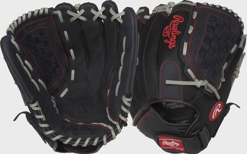Two images showing the palm & back of a black Renegade 14" softball glove
