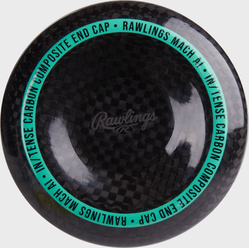 Black/mint composite end cap of a Rawlings Mach AI -5 USSSA bat