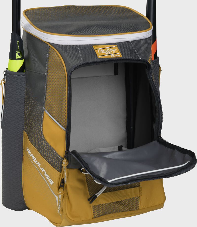 Front of a light gold Rawlings Impulse backpack with the main compartment open - SKU: IMPLSE-LG