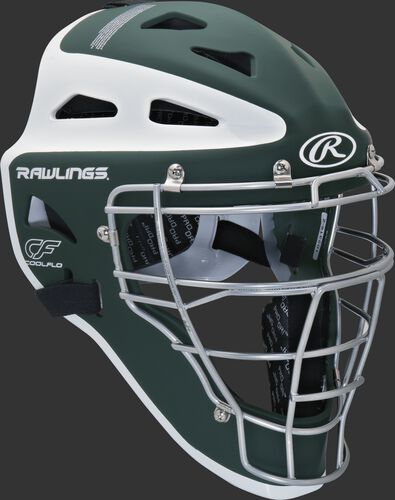 Front right of a dark green/white CHVELY Rawlings Velo catcher's helmet