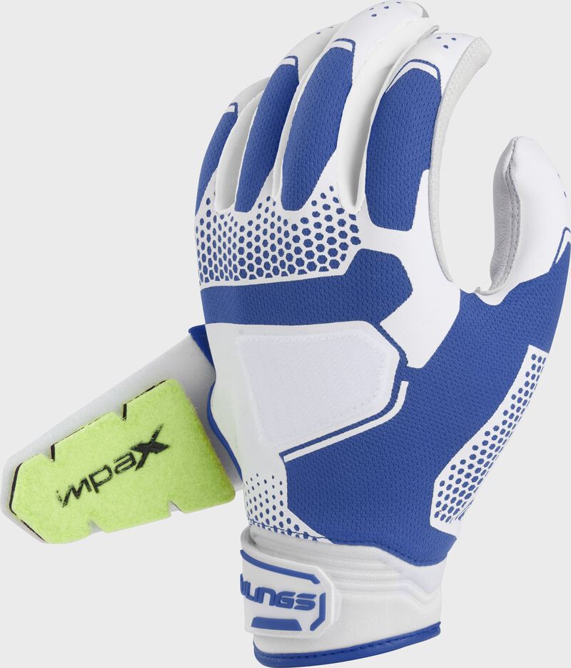 Back of a royal fastpitch workhorse pro batting glove with the back strap open - SKU: FP2PBG-R