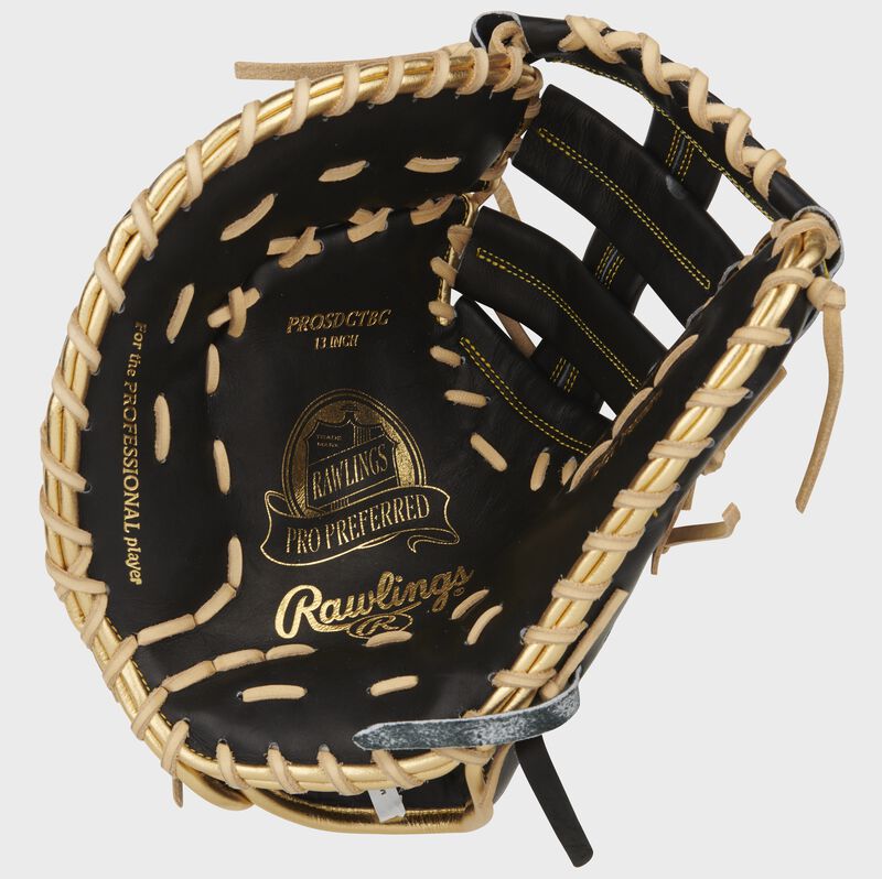 Black palm of a Rawlings Pro Preferred first base mitt with gold stamping and camel laces - SKU: PROSDCTBC