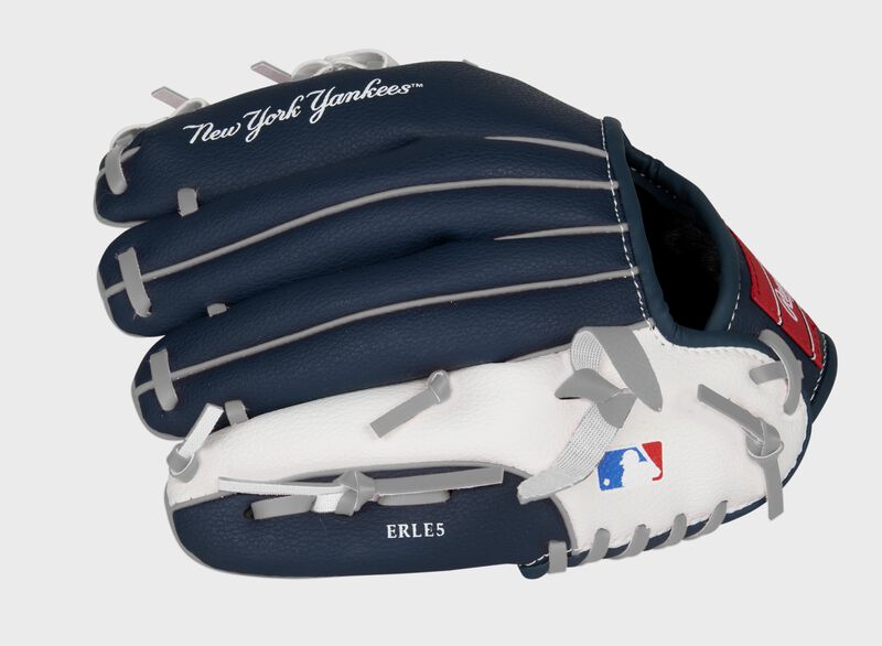 Back of a navy, white & red New York Yankees 10-inch youth glove with the MLB logo on the pinky - SKU: 22000030111 loading=
