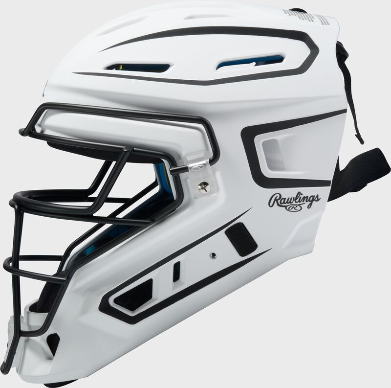 Left side of a white Rawlings Mach Pro Series catcher's helmet loading=