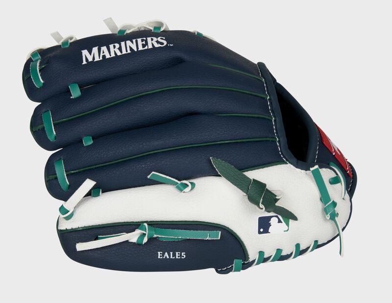 Back of a navy/white Seattle Mariners 10-Inch youth glove with the MLB logo on the pinky - SKU: 22000015111