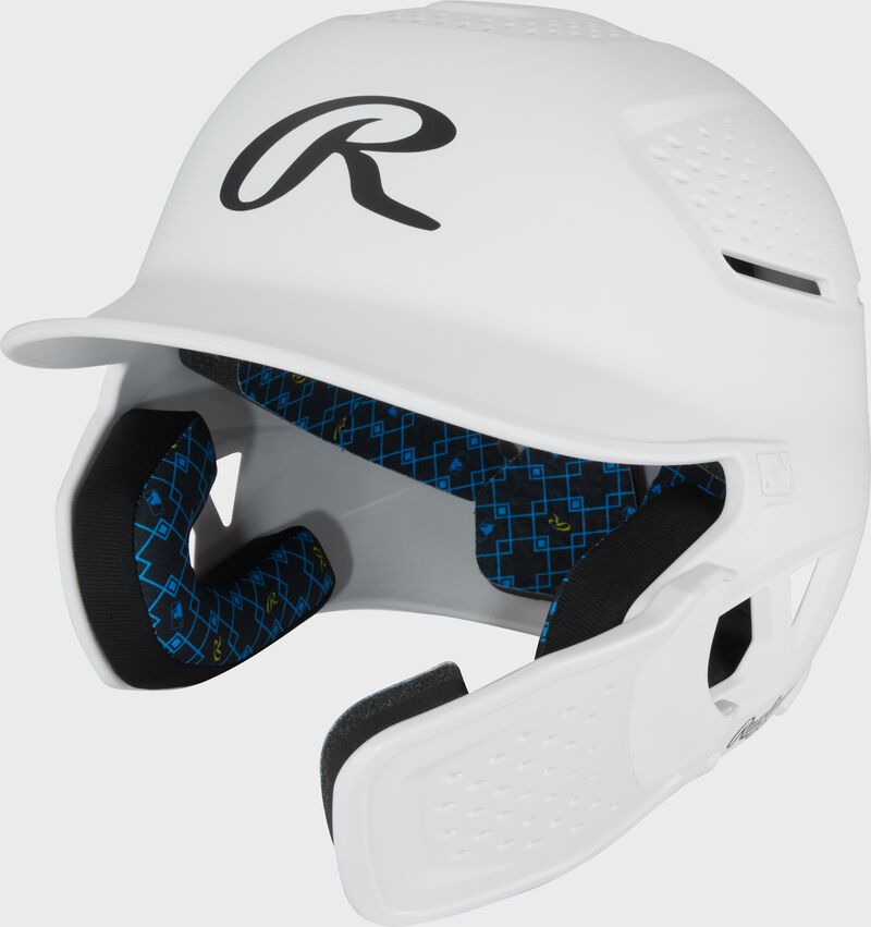 Front left of a white Rawlings RX2 Reverse batting helmet