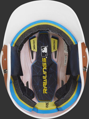 Inside of a Rawlings MACH baseball helmet with IMPAX durable foam padding