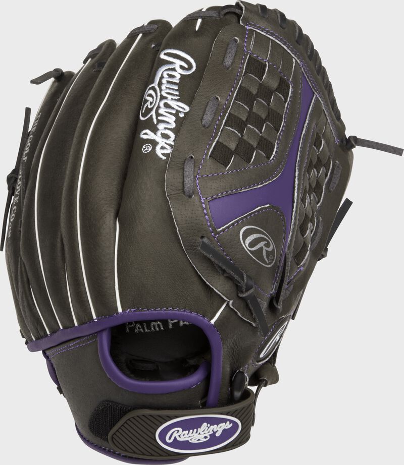 Back view of a black ST1200FPUR 12-inch Storm outfield softball glove with an adjustable Velcro wrist strap