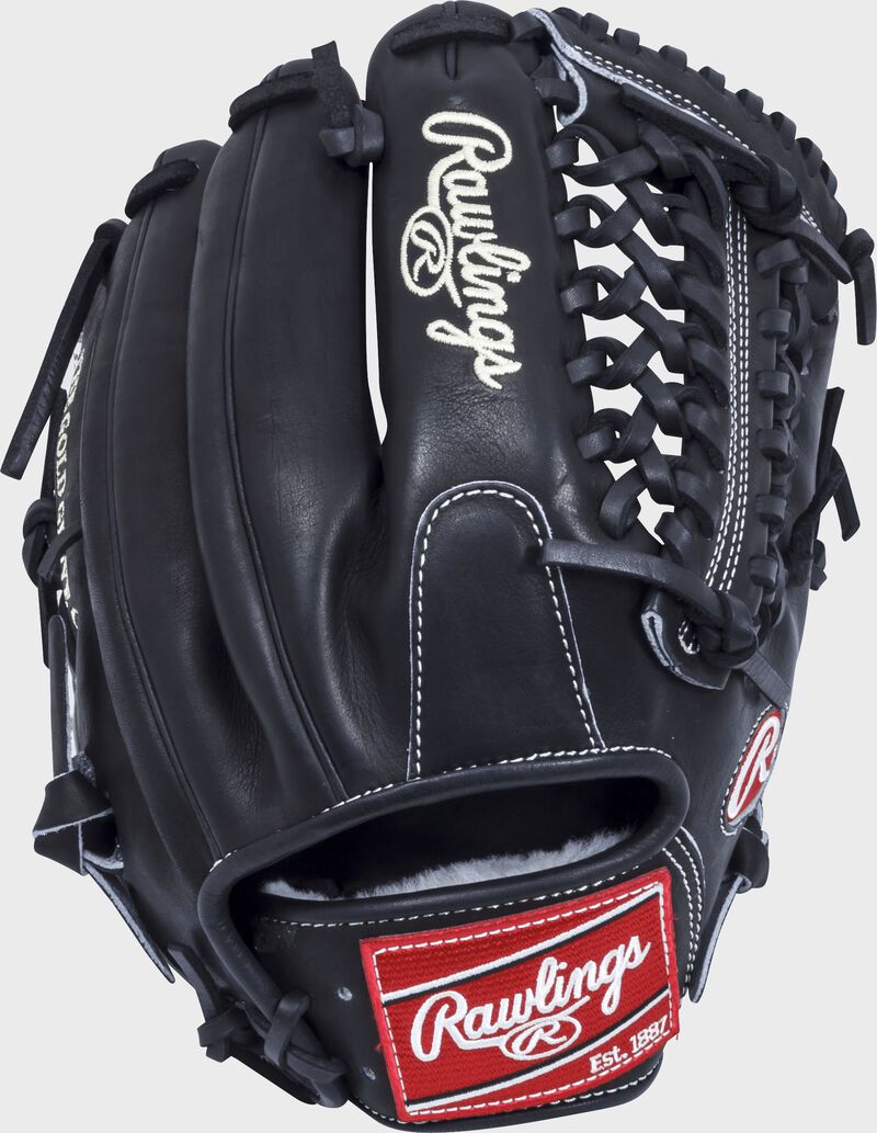 Black back of a Pro Preferred 12 in Modified Trap-Eze web glove with a red Rawlings patch - SKU: PROS12MTKBPRO