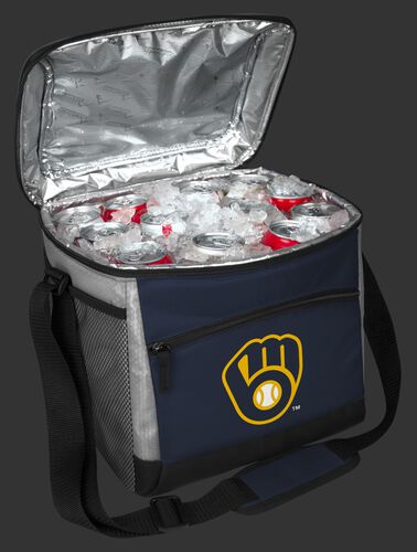 An open Milwaukee Brewers 24 can cooler filled with ice and drinks - SKU: 10200006111