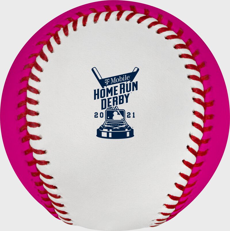 The 2021 MLB Home Run Derby logo stamped on the white side of a Home Run Derby money ball - SKU: RSGEA-ROMLBMB21-R