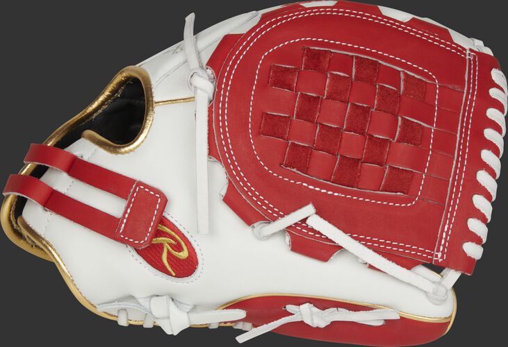 Thumb of a white RLA120-3S Liberty Advanced Color Series 12-inch infield/pitcher's glove with a scarlet Basket web