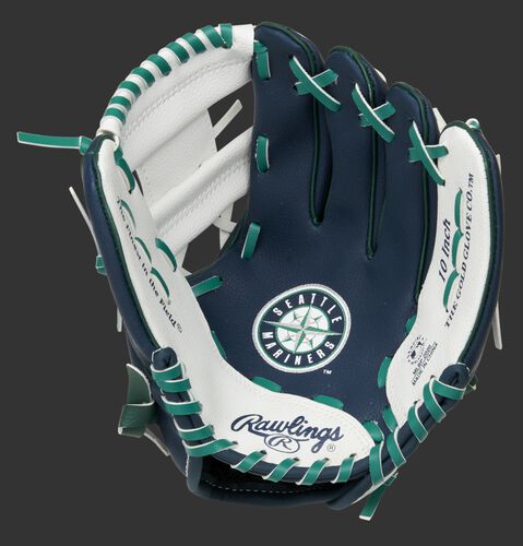 A navy/white Rawlings Seattle Mariners youth glove with a Mariners logo stamped in the palm - SKU: 22000015111