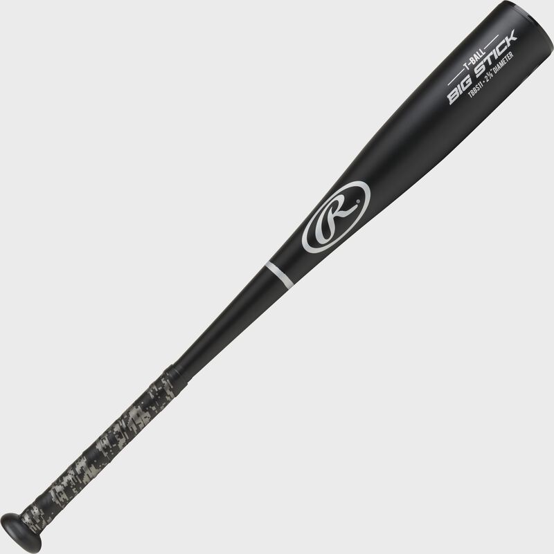 Angled view of a black Rawlings Big Stick youth t-ball bat - SKU: WALTBBS11