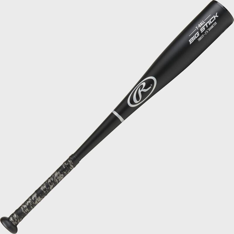 Angled view of a black Rawlings Big Stick youth t-ball bat - SKU: WALTBBS11 loading=