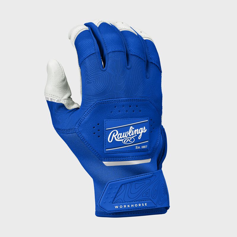 Back of a royal Rawlings Workhorse Batting glove
