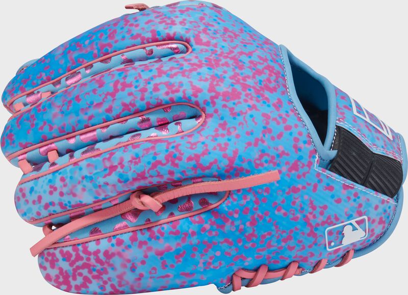 Back of a Rawlings exclusive REV1X 11.75" infield glove with the MLB logo on the pinky