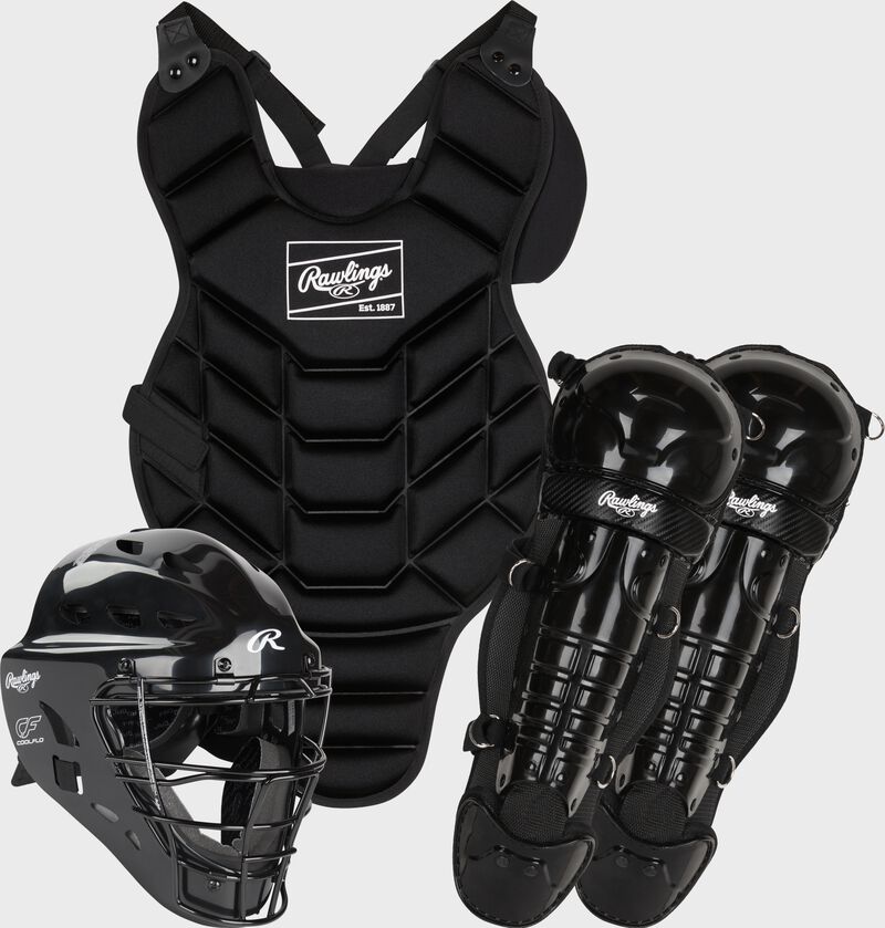 A black Rawlings junior size Players Series catcher's set with a catcher's helmet, chest protector, and leg guards loading=