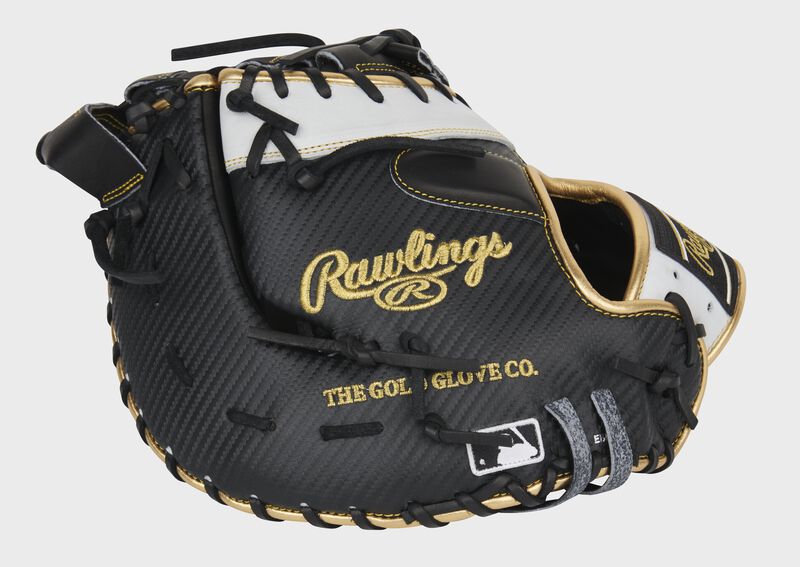Black Hyper Shell back of a Heart of the Hide first base mitt with the MLB logo on the pinkie - SKU: PRODCTBG