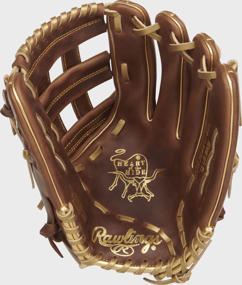 Palm of a sandlot Rawlings HOH R2G ContoUR fit outfield glove with gold stamping and gold laces - SKU: PROR3028U-6SL