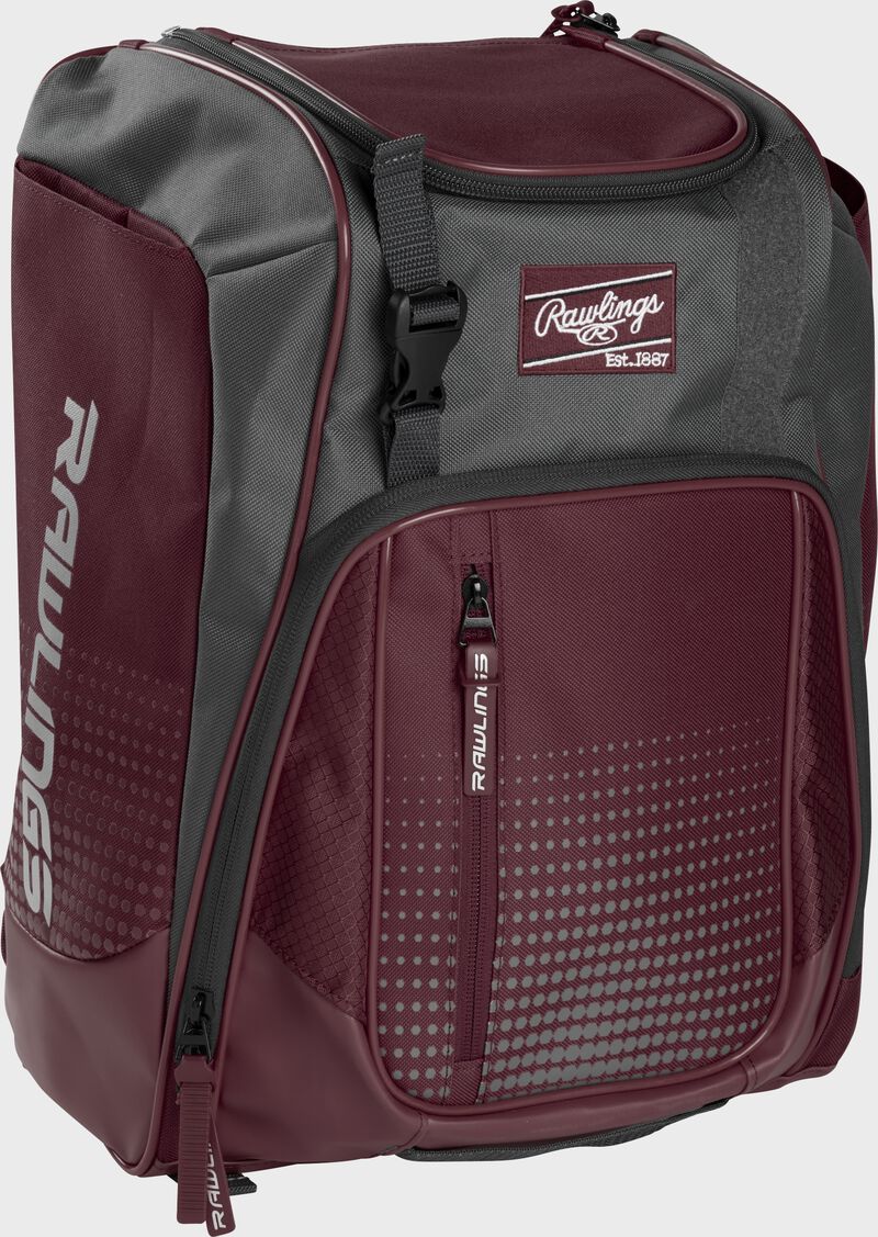 Front left angle of a maroon Rawlings Franchise bag with gray accents - SKU: FRANBP-MA