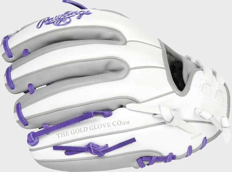 Back of a white/gray/purple Rawlings Liberty Advanced 11.75-inch Color Series glove - SKU: RLA715SB-31WPG