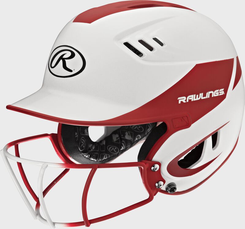 A white/scarlet R16H2FGS Velo senior batting helmet with a white/scarlet facemask