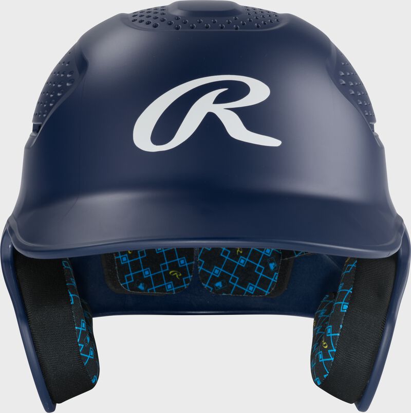 Front of a navy Rawlings RX2 batting helmet