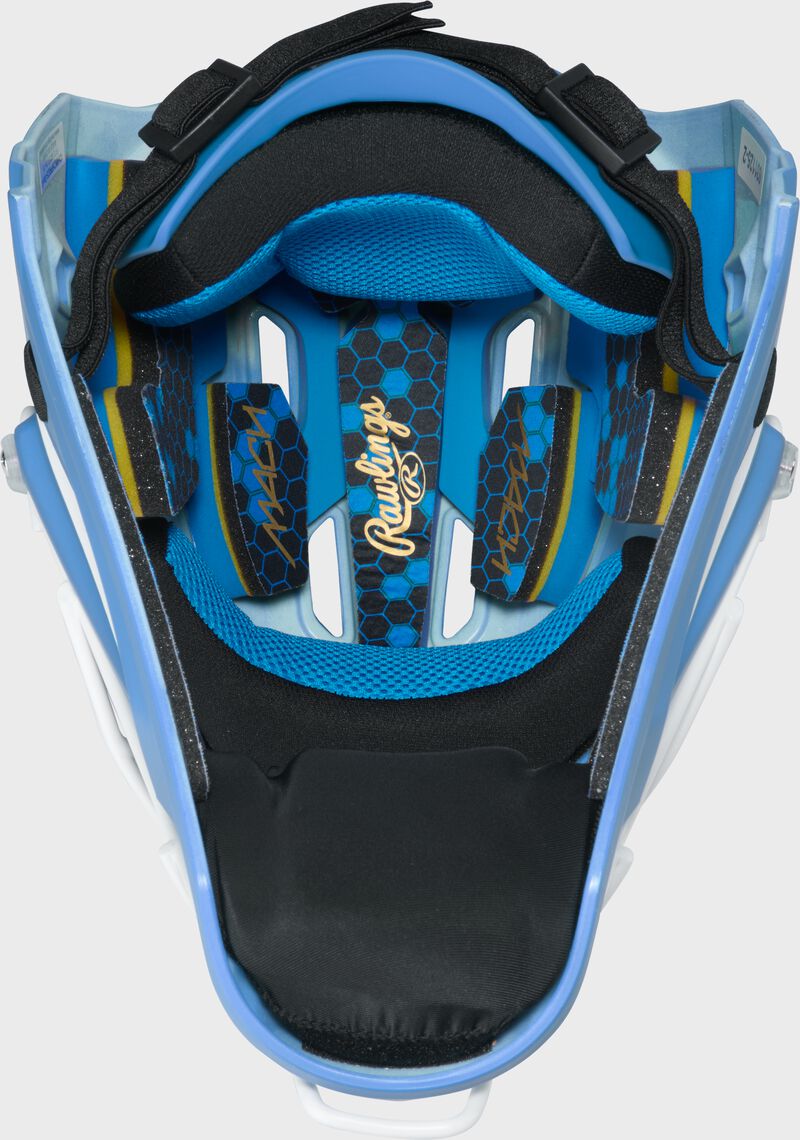 Inside padding of a Columbia blue Rawlings Mach Pro Series catcher's helmet loading=
