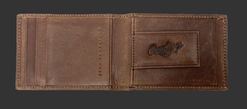 Inside of a brown Rawlings American story front pocket wallet with a magnetic money clip on the right side - SKU: RPW003-200