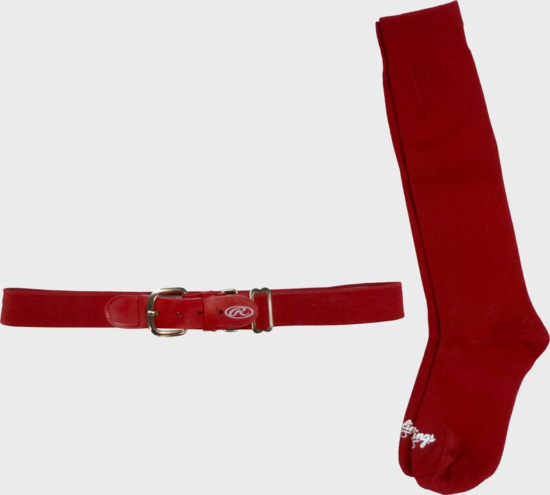 A red Rawlings baseball bet and socks - SKU: BELTSOCKL-RED